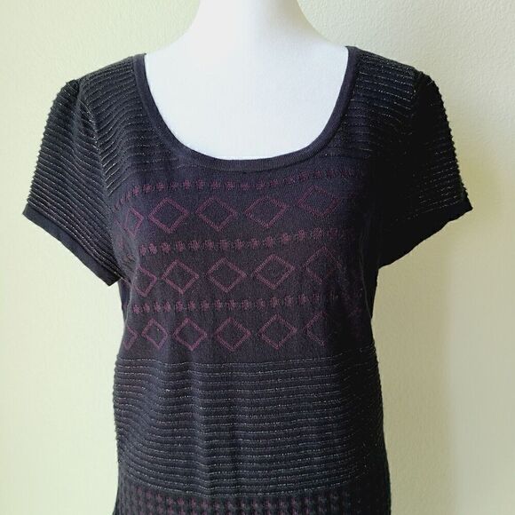 Just Taylor Black Knit‎ Sweater Dress Sz Large Fur Gold Striped Black Sheath - Picture 2 of 12